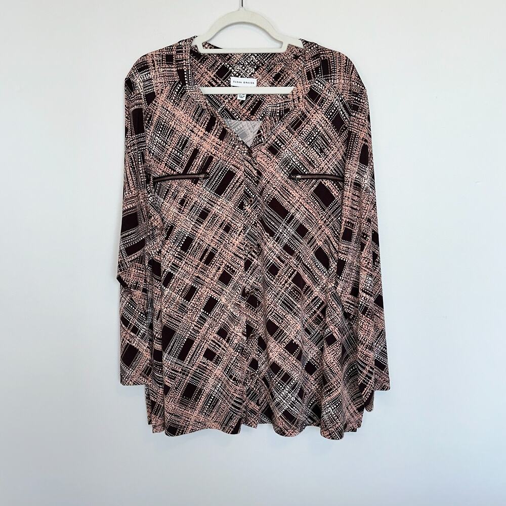 Susan Graver Button Up Top Plus Size 2X Liquid Knit Brown Geometric Stretch